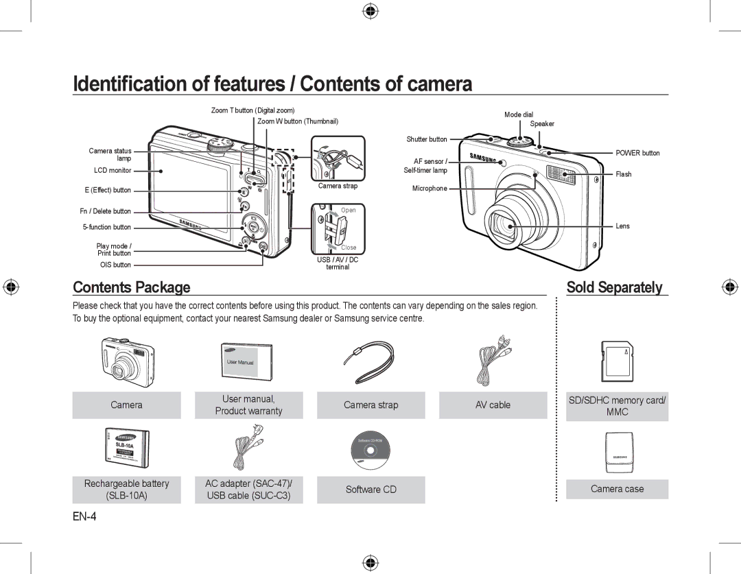 Samsung EC-L310WSBA/IT, EC-L310WNBA/FR, EC-L310WBBA/FR, EC-L310WSBA/FR manual Identiﬁcation of features / Contents of camera 