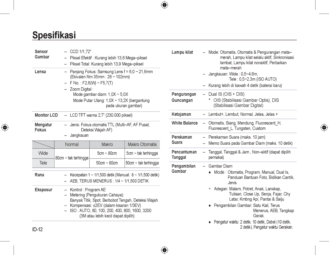 Samsung EC-L310WBBA/E1, EC-L310WNBA/FR, EC-L310WBBA/FR, EC-L310WSBA/FR, EC-L310WPBA/FR, EC-L310WBBA/IT manual Spesiﬁkasi, ID-12 