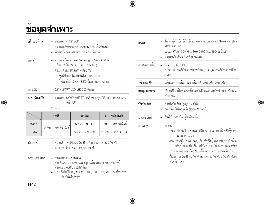 Samsung EC-L310WBBA/E2, EC-L310WNBA/FR, EC-L310WBBA/FR, EC-L310WSBA/FR, EC-L310WPBA/FR, EC-L310WBBA/IT ข้อมูลจำเพาะ, TH-12 