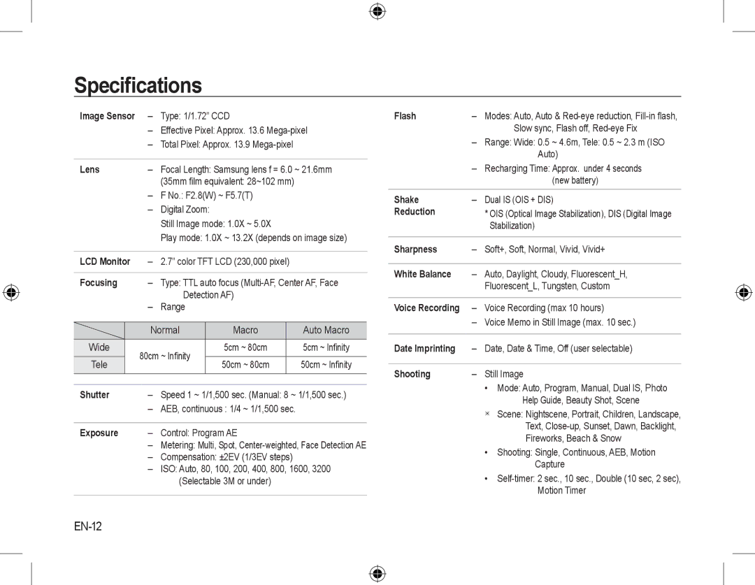 Samsung EC-L310WBBB/IT, EC-L310WNBA/FR, EC-L310WBBA/FR, EC-L310WSBA/FR, EC-L310WPBA/FR, EC-L310WBBA/IT Speciﬁcations, EN-12 