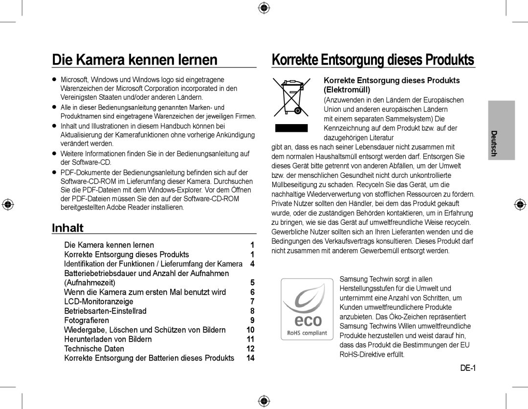 Samsung EC-L310WSBA/E1 manual Die Kamera kennen lernen, Inhalt, Aufnahmezeit, Herunterladen von Bildern Technische Daten 