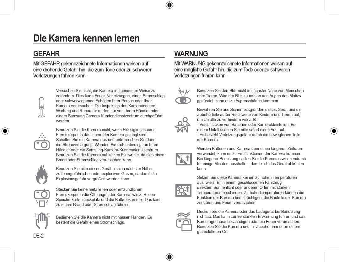 Samsung EC-L310WNBA/VN, EC-L310WNBA/FR, EC-L310WBBA/FR, EC-L310WSBA/FR, EC-L310WPBA/FR, EC-L310WBBA/IT Gefahr, Warnung, DE-2 