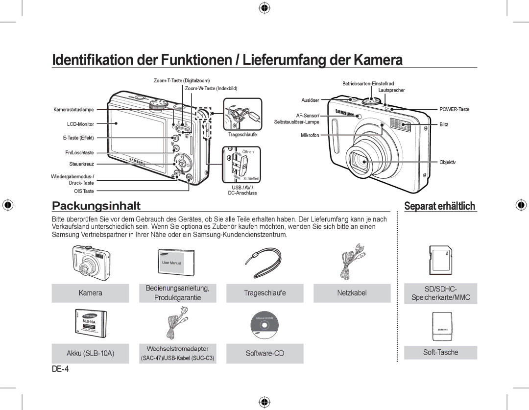 Samsung EC-L310WPBA/VN, EC-L310WNBA/FR manual Identiﬁkation der Funktionen / Lieferumfang der Kamera, Packungsinhalt, DE-4 