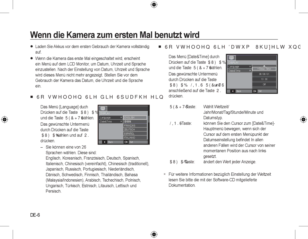 Samsung EC-L310WBBA/E3 Wenn die Kamera zum ersten Mal benutzt wird,  So stellen Sie Datum, Uhrzeit und Datumstyp ein 