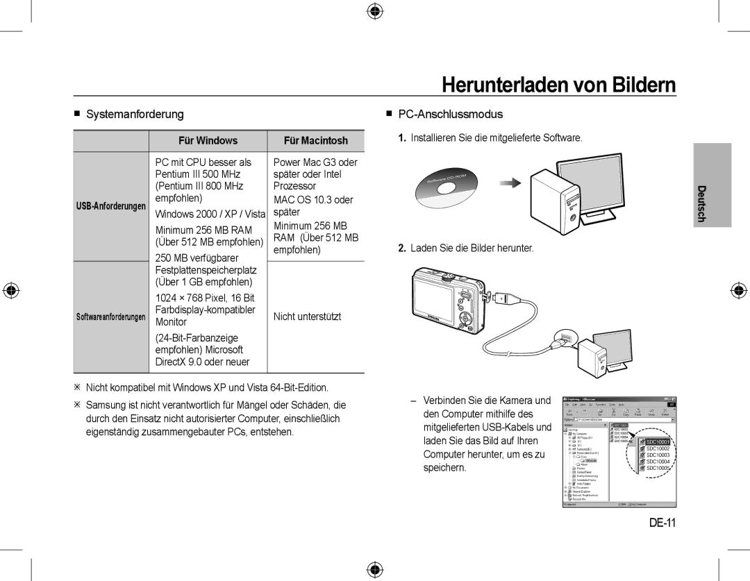 Samsung EC-L310WSBA/E2, EC-L310WNBA/FR manual Herunterladen von Bildern,  Systemanforderung,  PC-Anschlussmodus, DE-11 