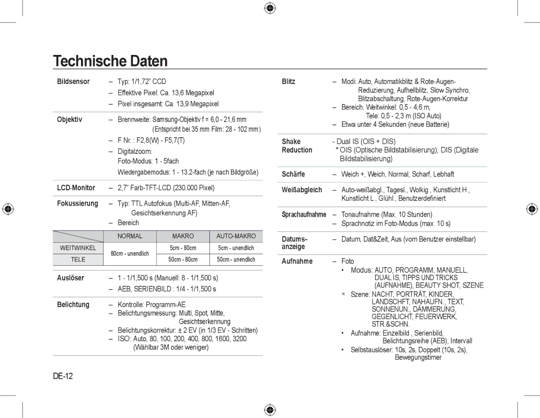 Samsung EC-L310WBBA/E2, EC-L310WNBA/FR, EC-L310WBBA/FR, EC-L310WSBA/FR, EC-L310WPBA/FR, EC-L310WBBA/IT Technische Daten, DE-12 