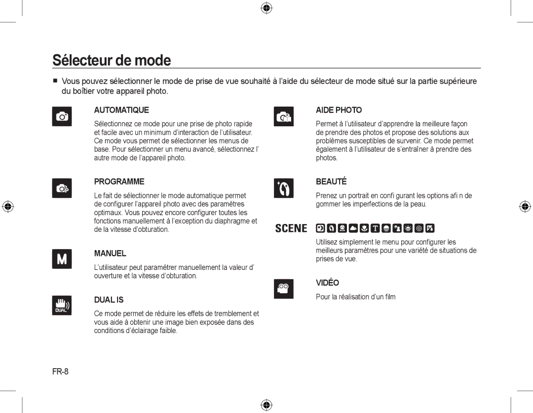 Samsung EC-L310WSBA/FR, EC-L310WNBA/FR, EC-L310WBBA/FR, EC-L310WPBA/FR Sélecteur de mode, FR-8, Pour la réalisation d’un ﬁlm 