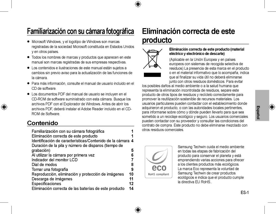 Samsung EC-L310WNBC/IT Eliminación correcta de este producto, Contenido, Grabación, Descarga de imágenes Especiﬁcaciones 