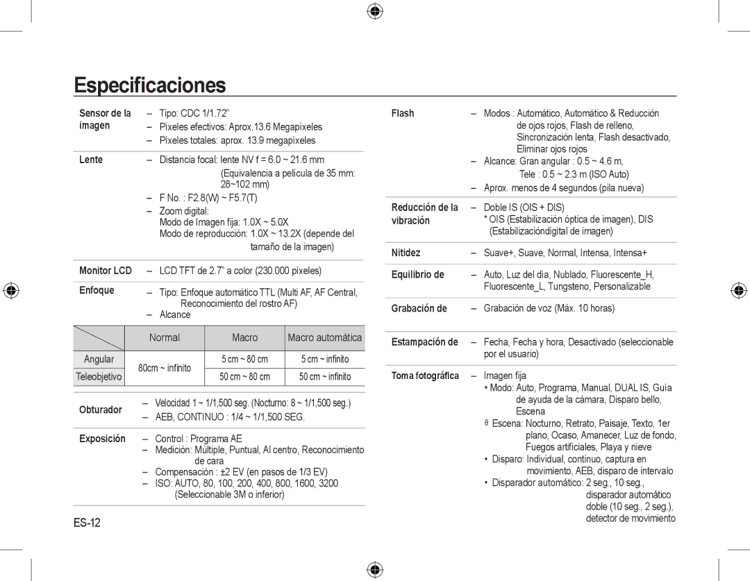 Samsung EC-L310WBBA/VN, EC-L310WNBA/FR, EC-L310WBBA/FR, EC-L310WSBA/FR, EC-L310WPBA/FR, EC-L310WBBA/IT Especiﬁcaciones, ES-12 