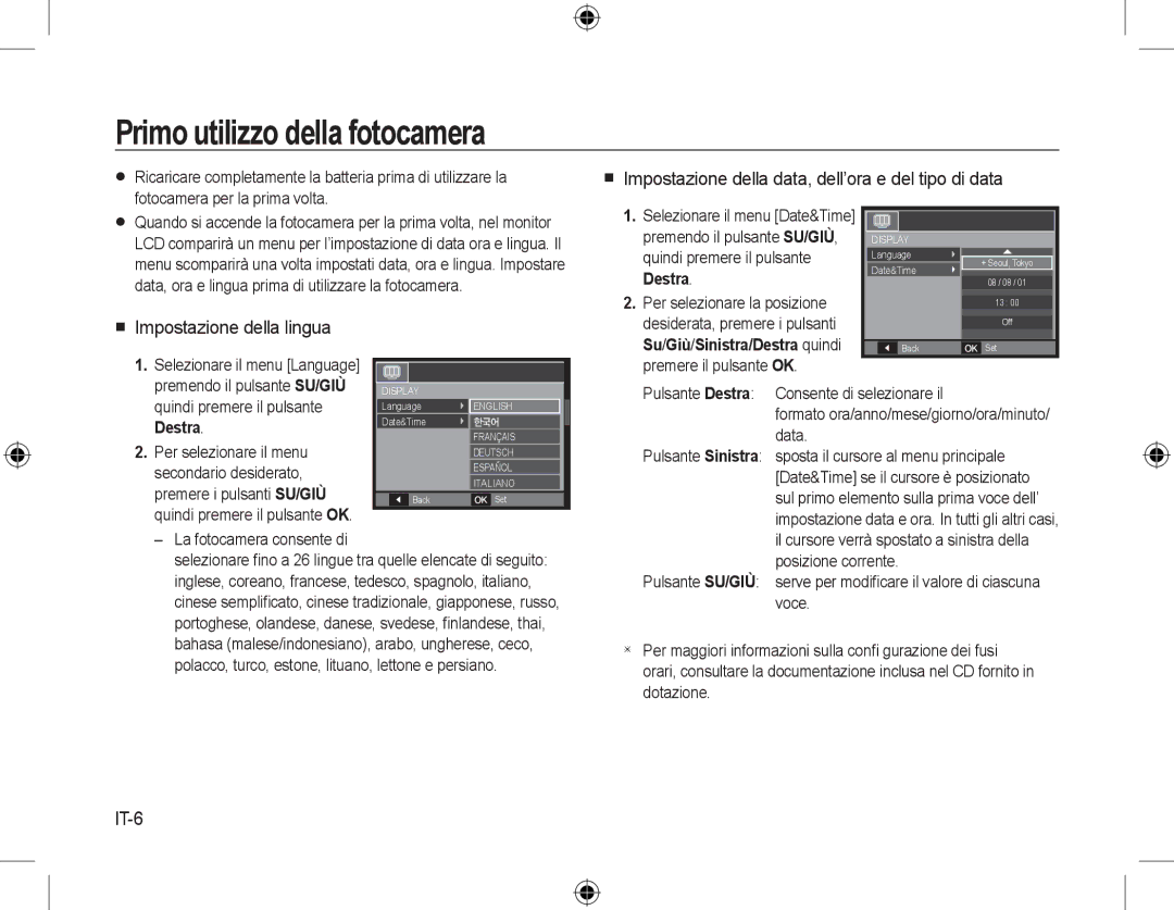 Samsung EC-L310WSBA/RU manual Primo utilizzo della fotocamera,  Impostazione della data, dell’ora e del tipo di data, IT-6 