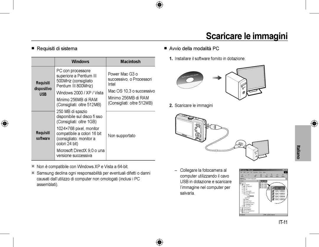 Samsung EC-L310WBBA/RU Scaricare le immagini,  Requisiti di sistema,  Avvio della modalità PC, IT-11, Windows Macintosh 