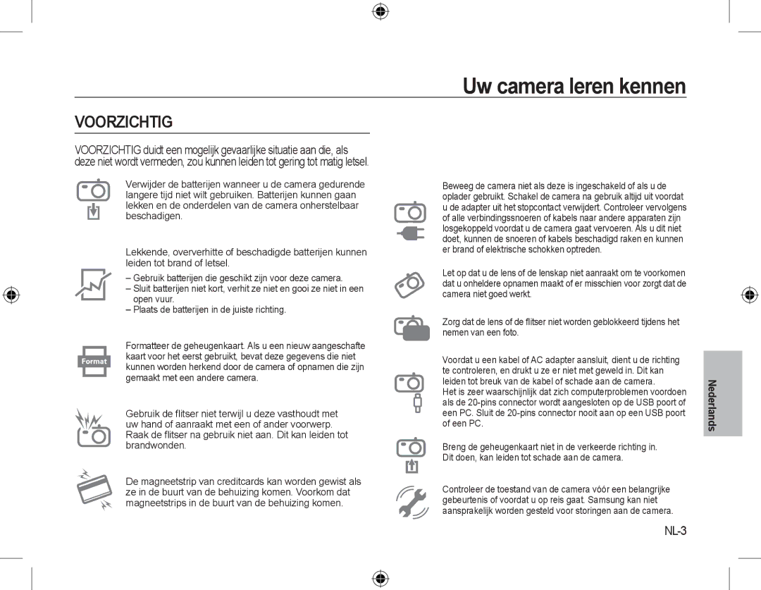 Samsung EC-L310WBBA/IT, EC-L310WNBA/FR, EC-L310WBBA/FR, EC-L310WSBA/FR, EC-L310WPBA/FR, EC-L310WSBA/IT manual Voorzichtig, NL-3 