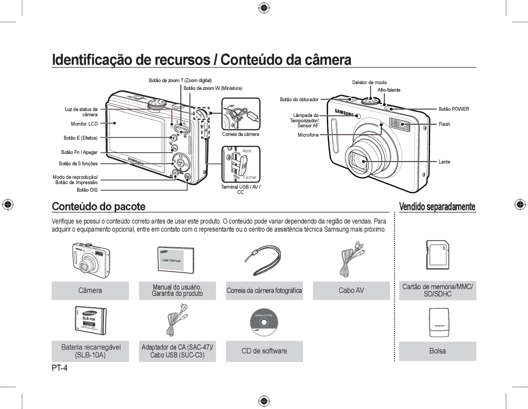 Samsung EC-L310WPBA/VN manual Identiﬁcação de recursos / Conteúdo da câmera, Conteúdo do pacote Vendido separadamente, PT-4 