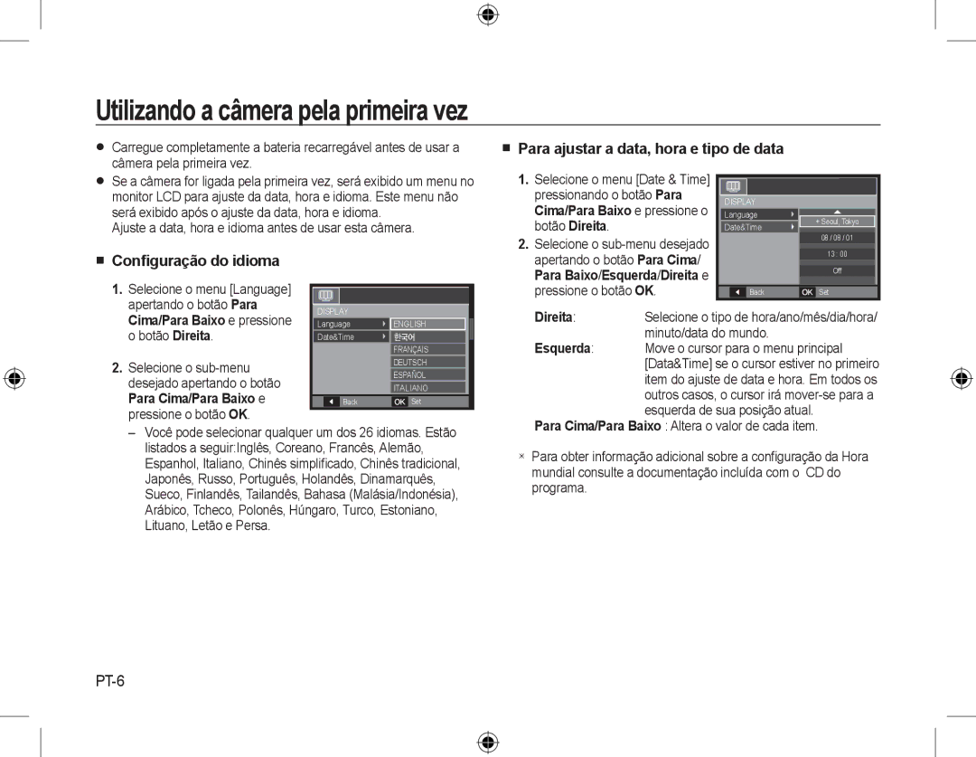 Samsung EC-L310WBBA/E3 manual Utilizando a câmera pela primeira vez,  Para ajustar a data, hora e tipo de data, PT-6 