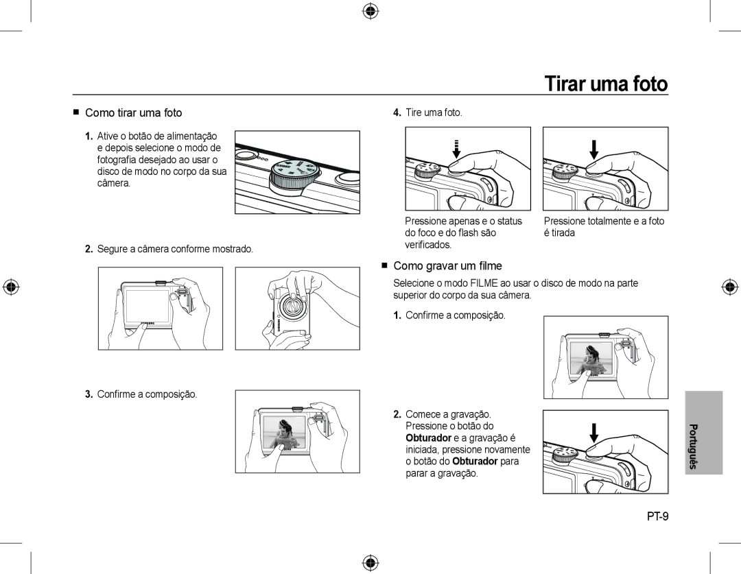 Samsung EC-L310WSBA/E3, EC-L310WNBA/FR, EC-L310WBBA/FR Tirar uma foto,  Como tirar uma foto,  Como gravar um ﬁlme, PT-9 