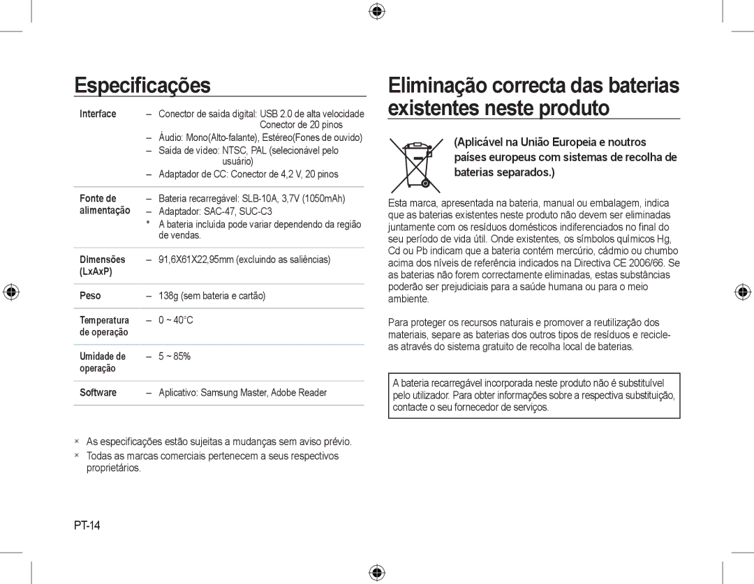 Samsung EC-L310WNBA/E2, EC-L310WNBA/FR, EC-L310WBBA/FR Eliminação correcta das baterias existentes neste produto, PT-14 