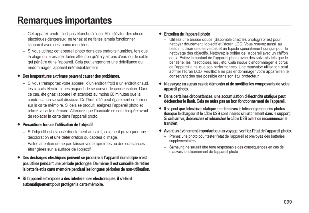 Samsung EC-L310WNBA/FR manual Des températures extrêmes peuvent causer des problèmes, Entretien de lappareil photo, 099 