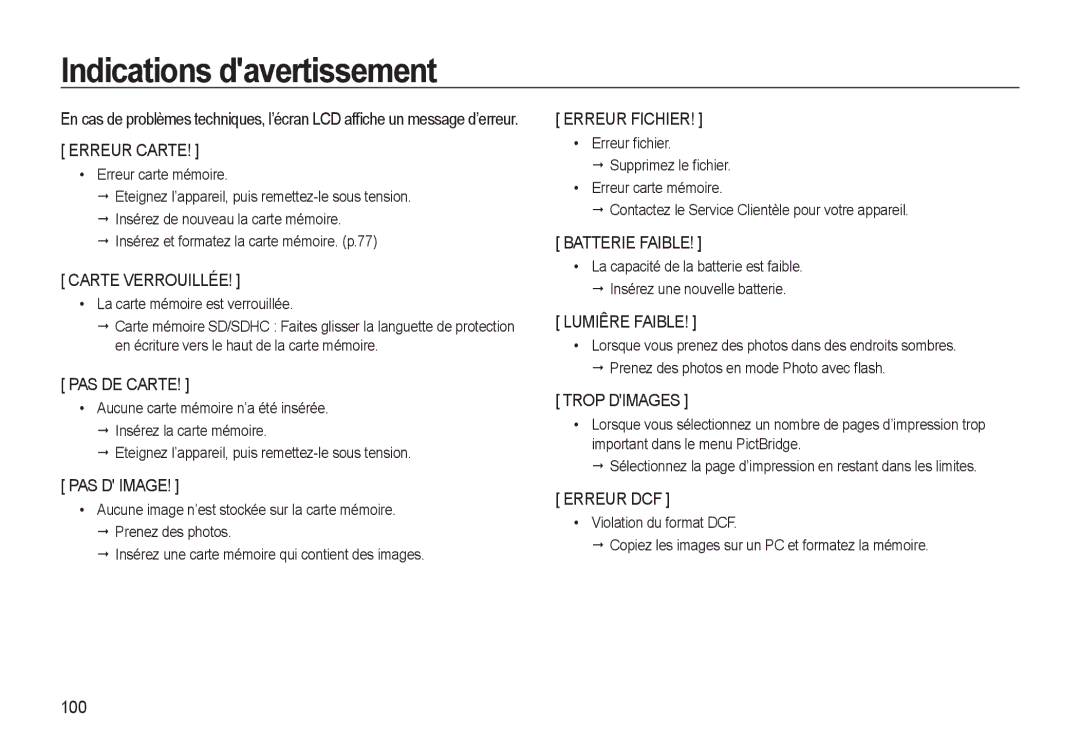 Samsung EC-L310WBBA/FR, EC-L310WNBA/FR, EC-L310WSBA/FR, EC-L310WPBA/FR manual Indications davertissement, 100 