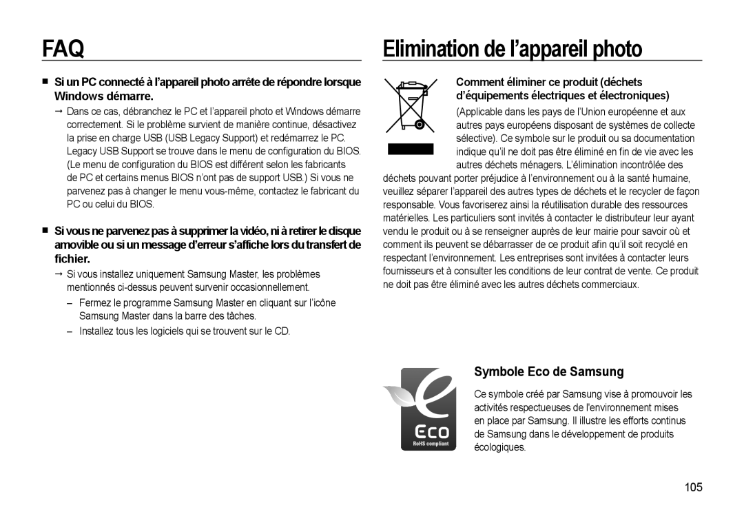 Samsung EC-L310WSBA/FR manual Elimination de l’appareil photo, 105, Applicable dans les pays de l’Union européenne et aux 