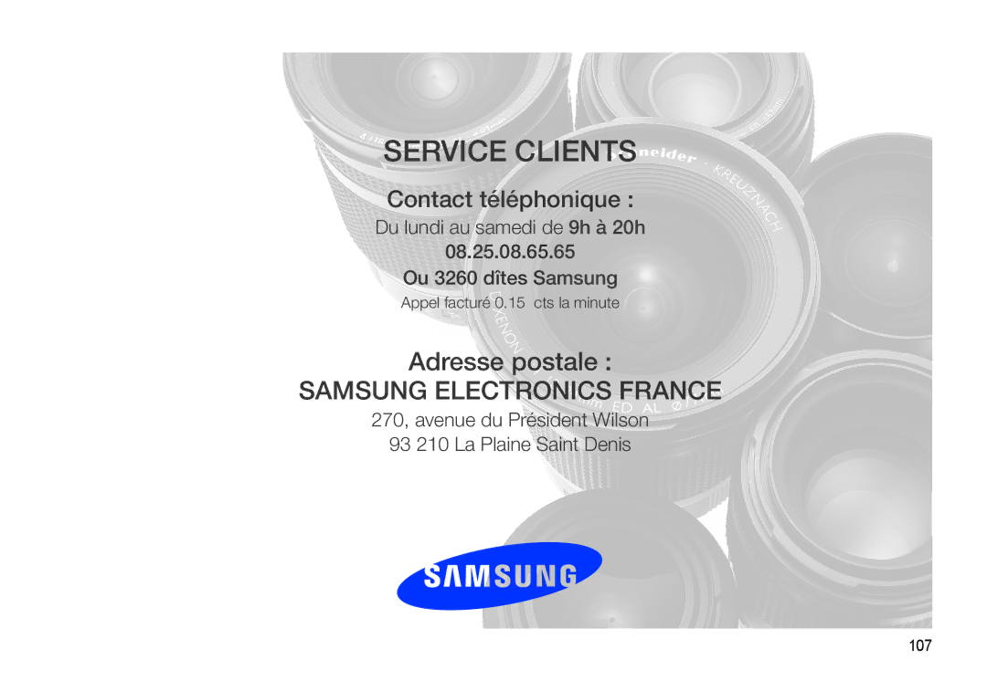 Samsung EC-L310WNBA/FR, EC-L310WBBA/FR, EC-L310WSBA/FR, EC-L310WPBA/FR manual Service Clients, 107 