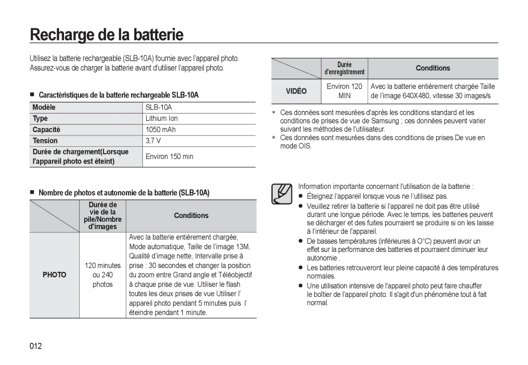 Samsung EC-L310WBBA/FR, EC-L310WNBA/FR Recharge de la batterie, Caractéristiques de la batterie rechargeable SLB-10A, 012 