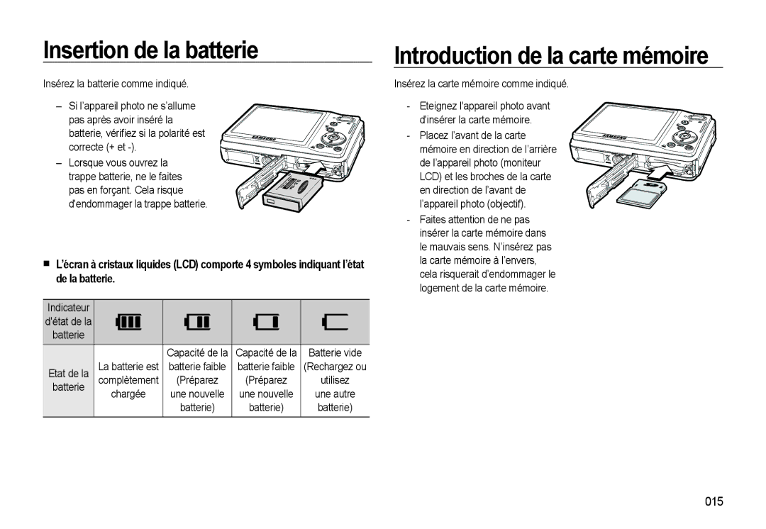 Samsung EC-L310WNBA/FR, EC-L310WBBA/FR manual Insertion de la batterie, Introduction de la carte mémoire, 015, Indicateur 