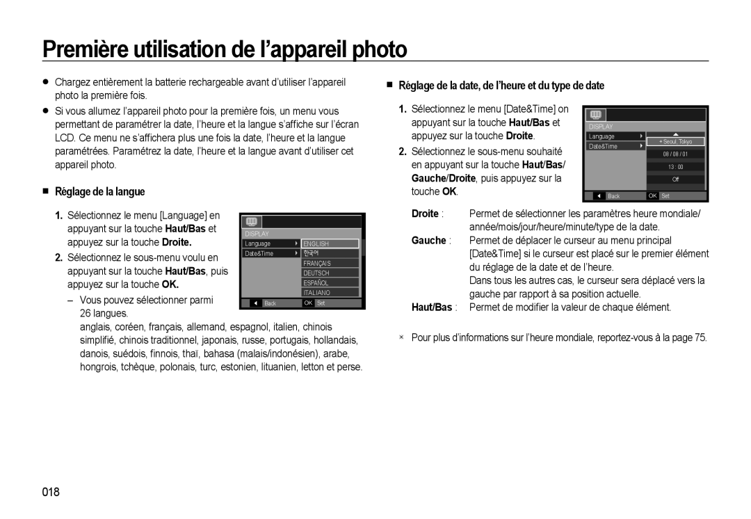 Samsung EC-L310WPBA/FR, EC-L310WNBA/FR, EC-L310WBBA/FR Première utilisation de l’appareil photo, Réglage de la langue, 018 