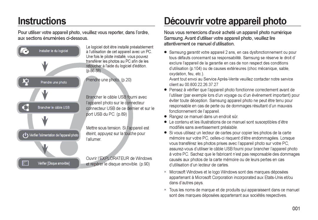 Samsung EC-L310WSBA/FR Instructions, Découvrir votre appareil photo, 001, Le logiciel doit être installé préalablement 