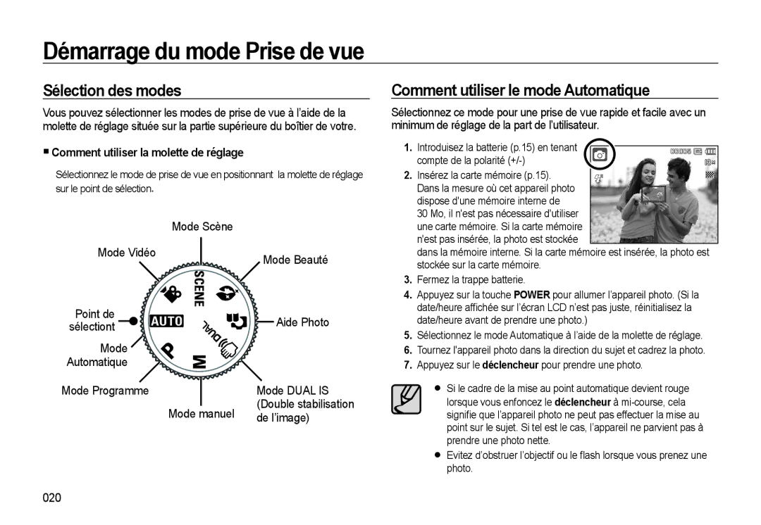 Samsung EC-L310WBBA/FR manual Démarrage du mode Prise de vue, Sélection des modes, Comment utiliser le mode Automatique 