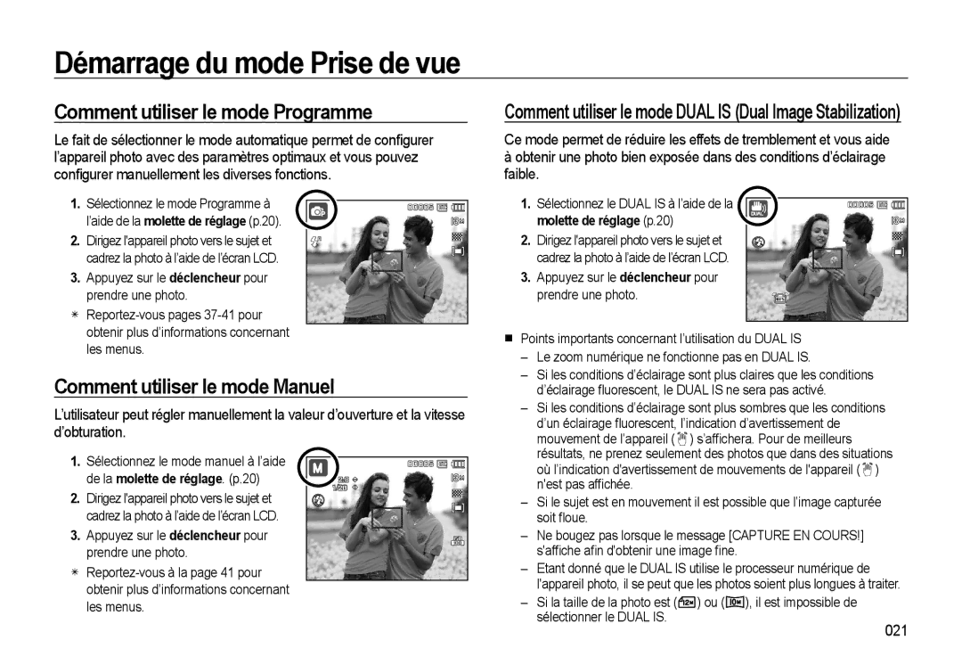 Samsung EC-L310WSBA/FR Comment utiliser le mode Programme, Comment utiliser le mode Manuel, 021, Molette de réglage p.20 