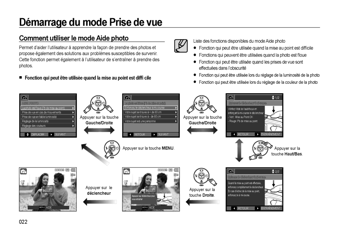 Samsung EC-L310WPBA/FR, EC-L310WNBA/FR, EC-L310WBBA/FR Comment utiliser le mode Aide photo, 022, Gauche/Droite, Déclencheur 