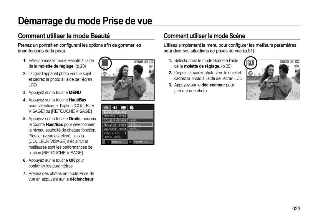 Samsung EC-L310WNBA/FR, EC-L310WBBA/FR, EC-L310WSBA/FR Comment utiliser le mode Beauté, Comment utiliser le mode Scène, 023 