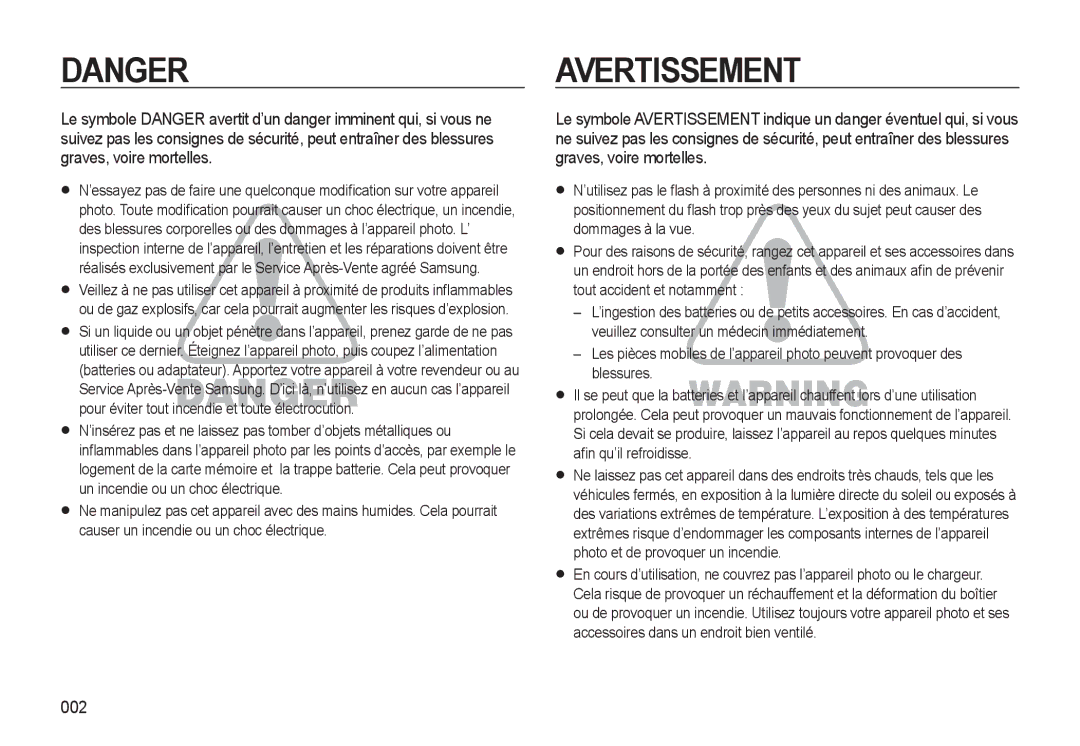 Samsung EC-L310WPBA/FR, EC-L310WNBA/FR, EC-L310WBBA/FR, EC-L310WSBA/FR manual Avertissement, 002 