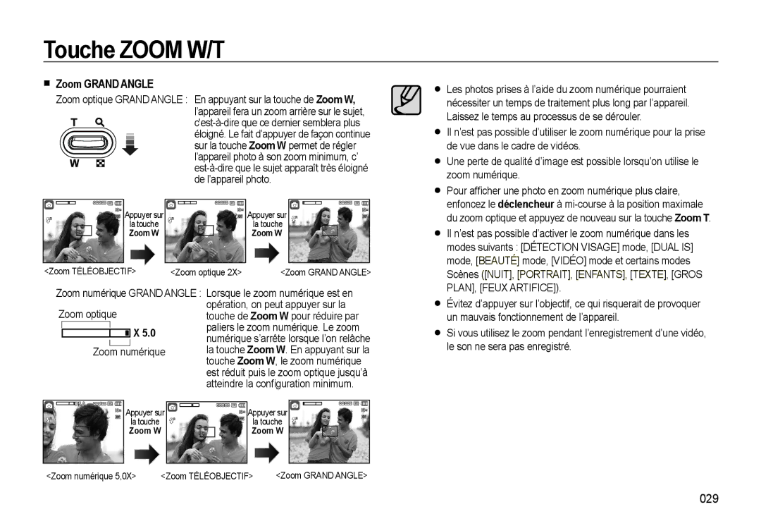 Samsung EC-L310WSBA/FR, EC-L310WNBA/FR, EC-L310WBBA/FR, EC-L310WPBA/FR Zoom Grand Angle, 029, Zoom optique Zoom numérique 