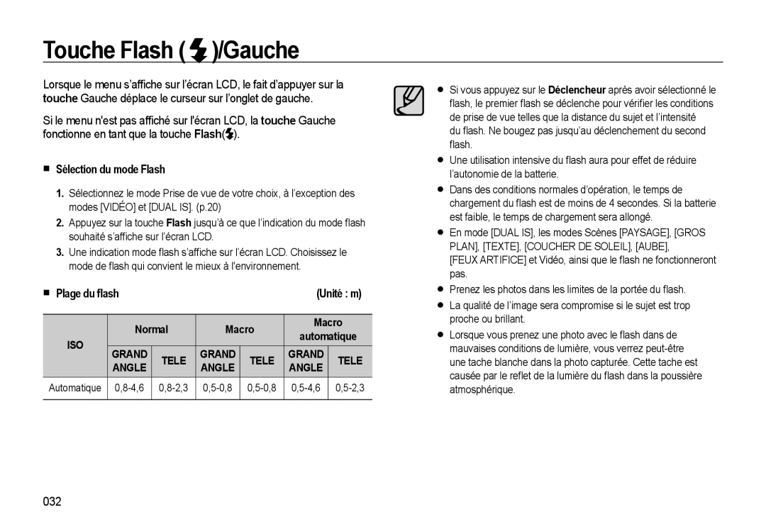 Samsung EC-L310WBBA/FR, EC-L310WNBA/FR manual Touche Flash /Gauche, Sélection du mode Flash, Plage du ﬂash Unité m, 032 