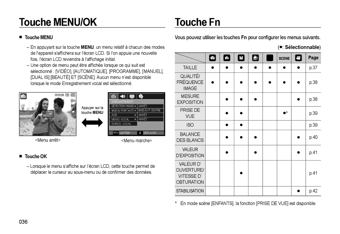 Samsung EC-L310WBBA/FR, EC-L310WNBA/FR, EC-L310WSBA/FR manual Touche MENU/OK, Touche Fn, Touche Menu, Touche OK, 036 