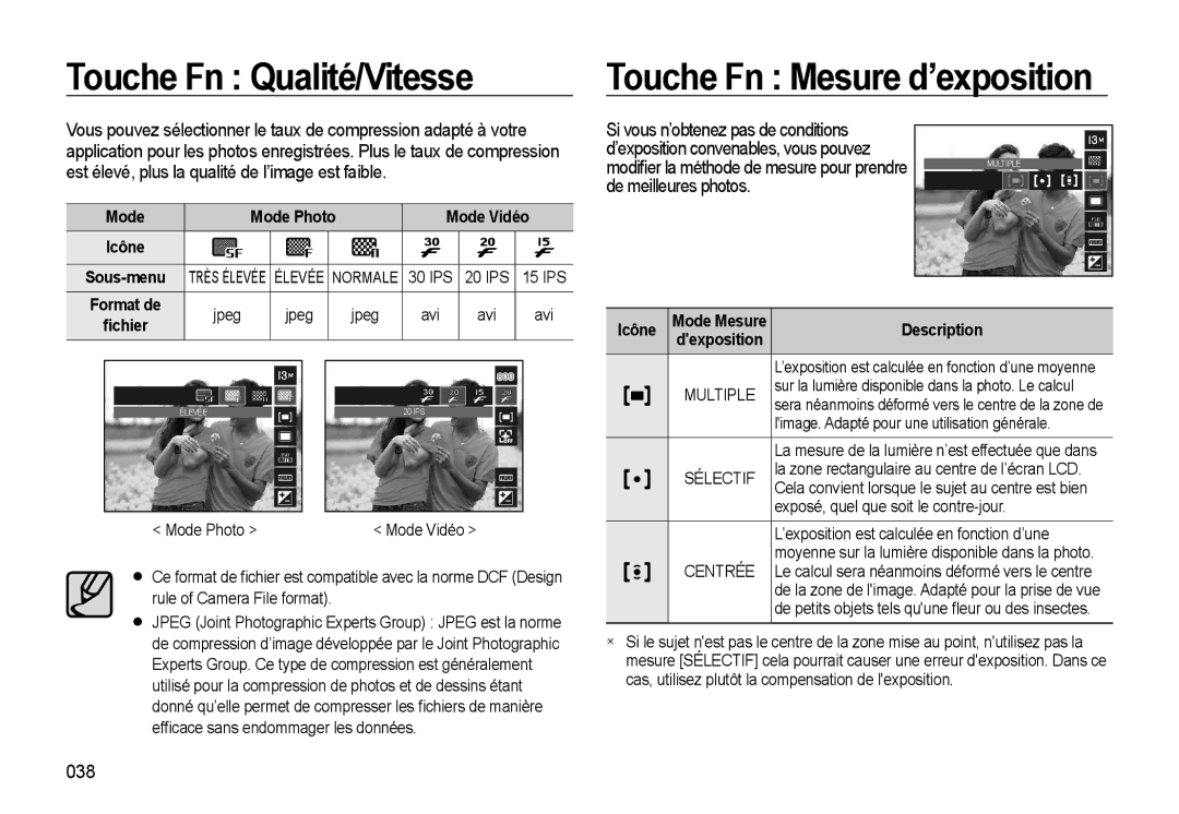 Samsung EC-L310WPBA/FR manual Touche Fn Qualité/Vitesse Touche Fn Mesure d’exposition, 038, IPS 20 IPS 15 IPS, ﬁchier 