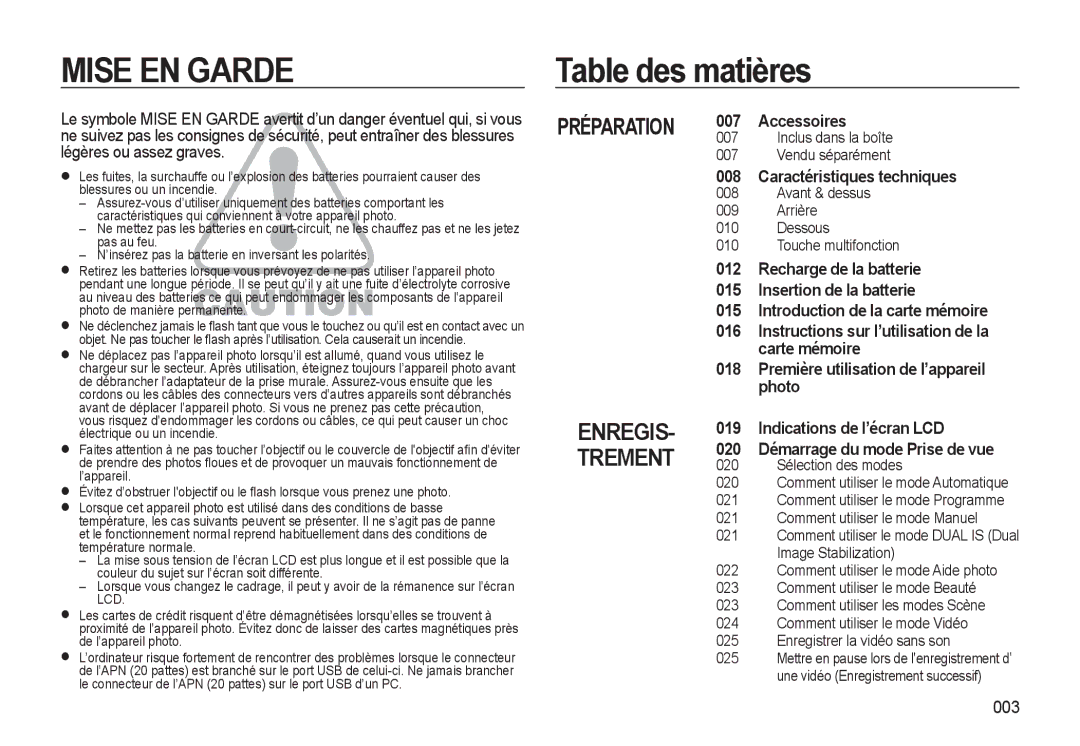 Samsung EC-L310WNBA/FR, EC-L310WBBA/FR, EC-L310WSBA/FR, EC-L310WPBA/FR manual Table des matières 