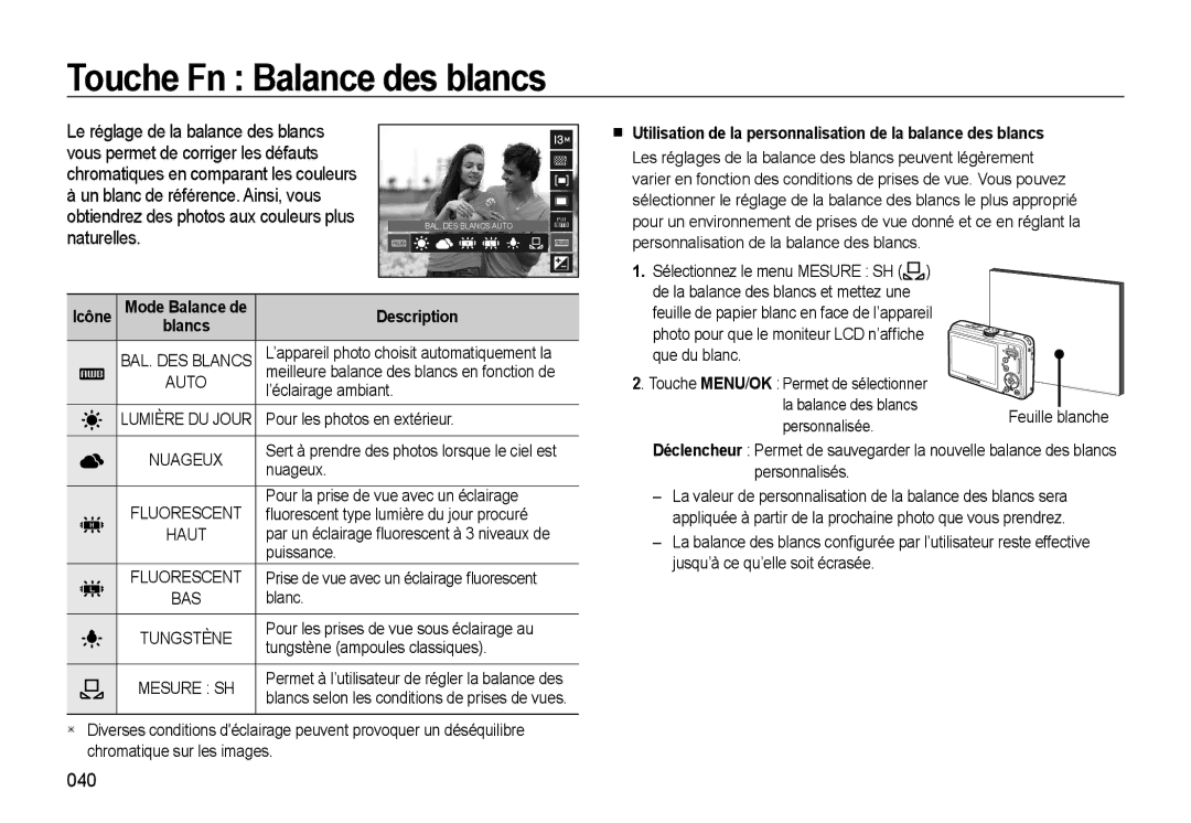 Samsung EC-L310WBBA/FR Touche Fn Balance des blancs, 040, Utilisation de la personnalisation de la balance des blancs 