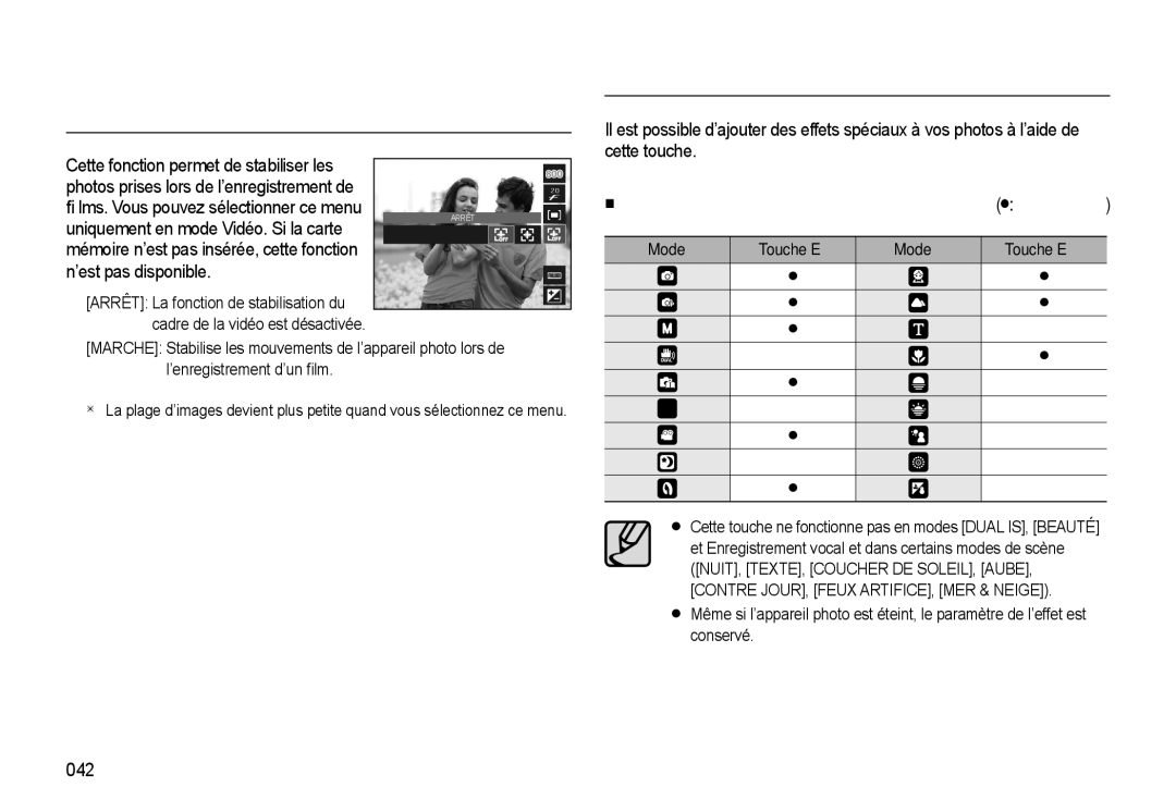 Samsung EC-L310WPBA/FR, EC-L310WNBA/FR manual Touche Fn Stabilisation de cadre pour vidéo Touche E Effet, 042, Mode Touche E 