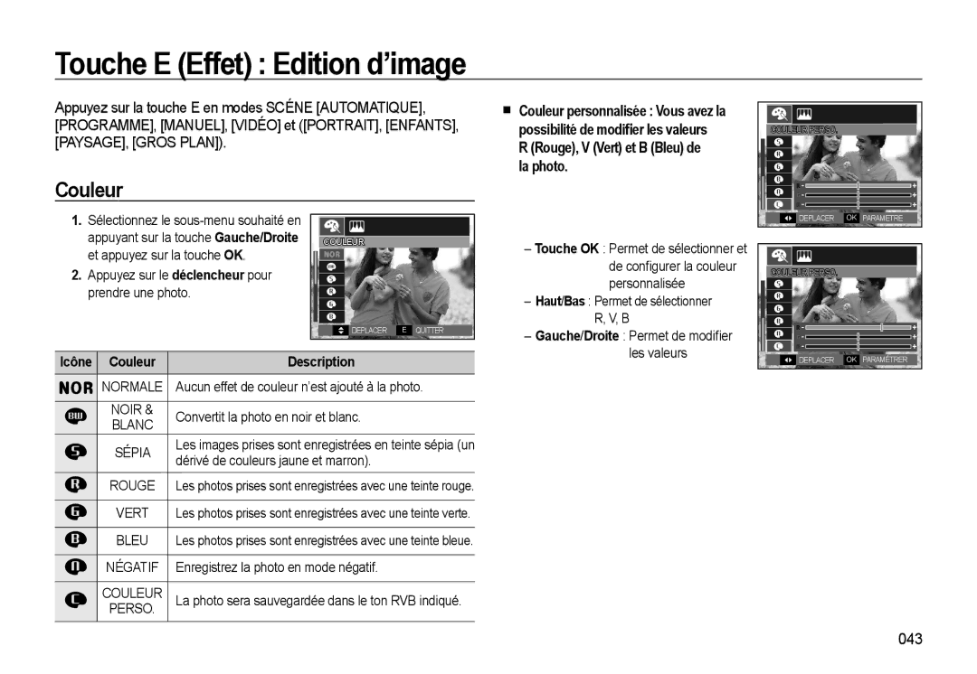 Samsung EC-L310WNBA/FR, EC-L310WBBA/FR, EC-L310WSBA/FR manual Touche E Effet Edition d’image, Couleur, La photo, 043 