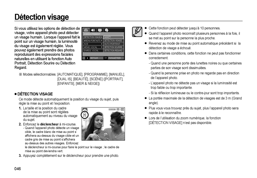 Samsung EC-L310WPBA/FR, EC-L310WNBA/FR, EC-L310WBBA/FR, EC-L310WSBA/FR manual Détection visage, 046 