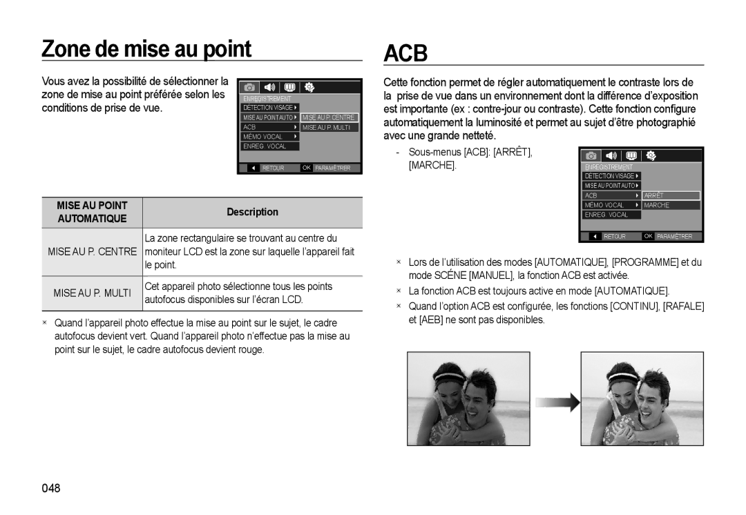 Samsung EC-L310WBBA/FR, EC-L310WNBA/FR, EC-L310WSBA/FR, EC-L310WPBA/FR manual Zone de mise au point, 048, Mise AU P. Multi 