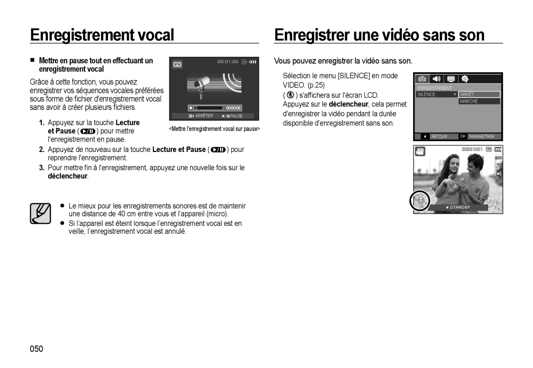 Samsung EC-L310WPBA/FR, EC-L310WNBA/FR, EC-L310WBBA/FR Enregistrement vocal Enregistrer une vidéo sans son, 050, Et Pause 