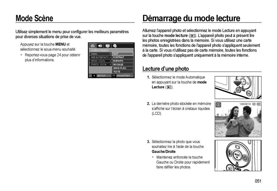 Samsung EC-L310WNBA/FR, EC-L310WBBA/FR, EC-L310WSBA/FR, EC-L310WPBA/FR Mode Scène, Démarrage du mode lecture, 051, Lecture 