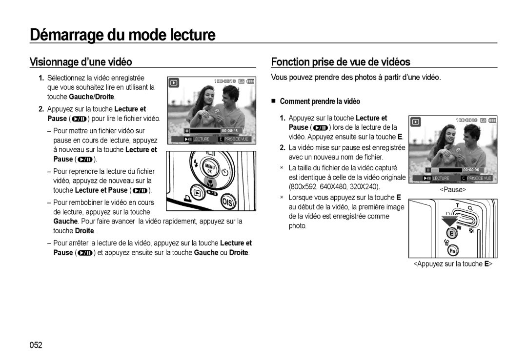 Samsung EC-L310WBBA/FR manual Visionnage d’une vidéo Fonction prise de vue de vidéos, Comment prendre la vidéo, 052 