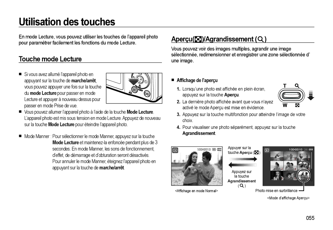 Samsung EC-L310WNBA/FR Utilisation des touches, Touche mode Lecture, Aperçu /Agrandissement, Afﬁchage de l’aperçu, 055 