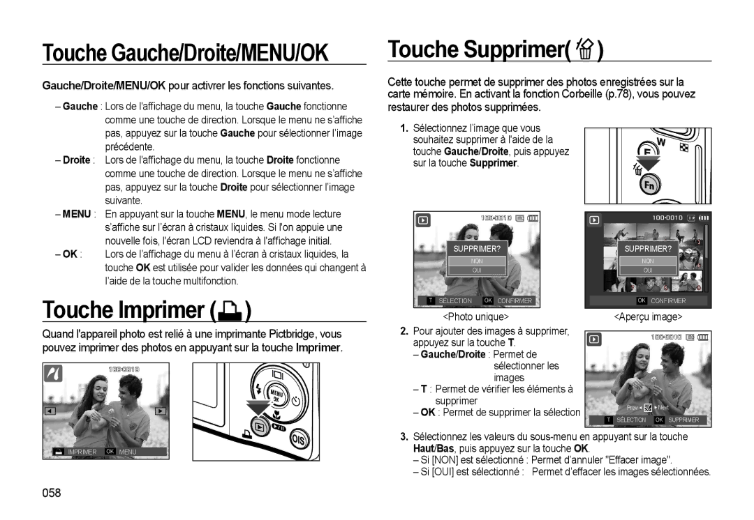 Samsung EC-L310WPBA/FR, EC-L310WNBA/FR, EC-L310WBBA/FR Touche Gauche/Droite/MENU/OK, Touche Supprimer, Touche Imprimer, 058 