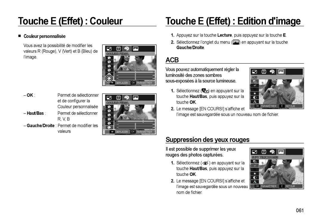 Samsung EC-L310WSBA/FR manual Touche E Effet Couleur Touche E Effet Edition dimage, Suppression des yeux rouges, 061 