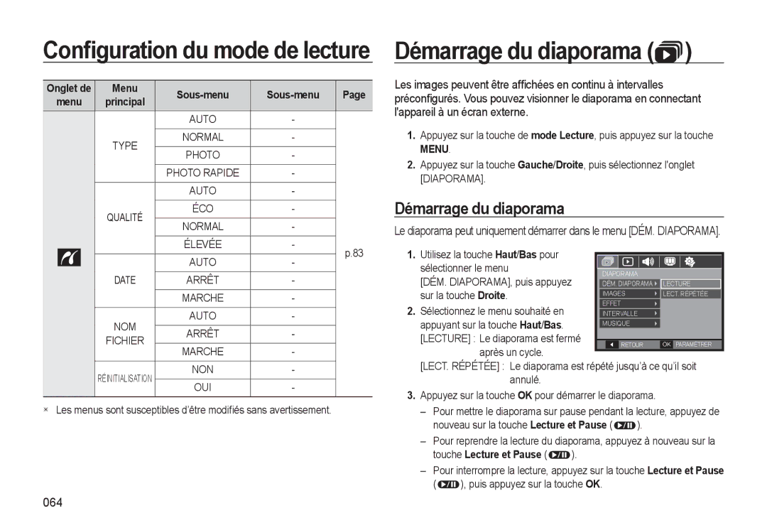 Samsung EC-L310WBBA/FR, EC-L310WNBA/FR, EC-L310WSBA/FR, EC-L310WPBA/FR manual Démarrage du diaporama, 064, Menu Sous-menu 